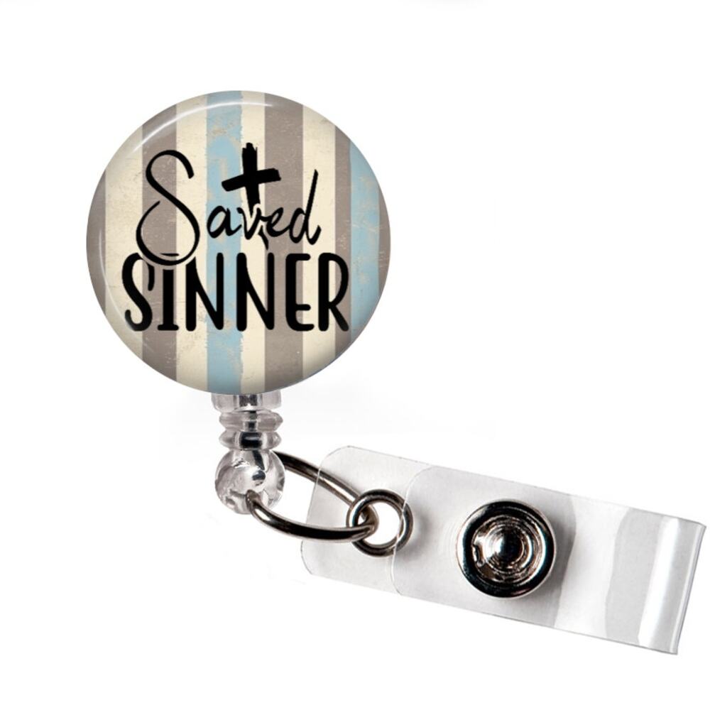 Saved Sinner Badge Reel Christian Faith ID Holder